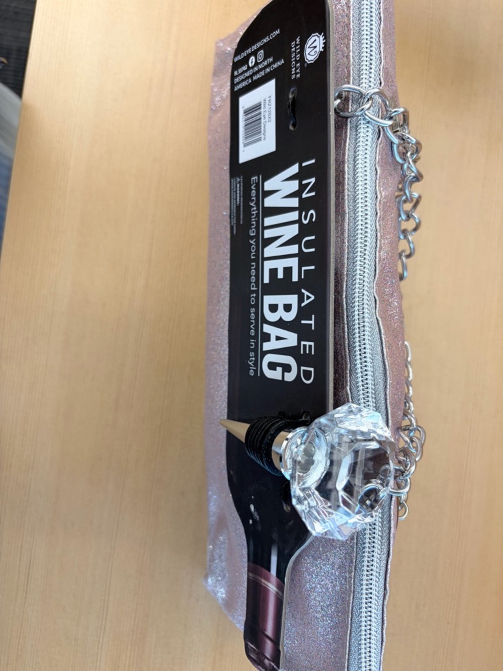 Insulated Pink Glitter Wine Bag with Chain Strap